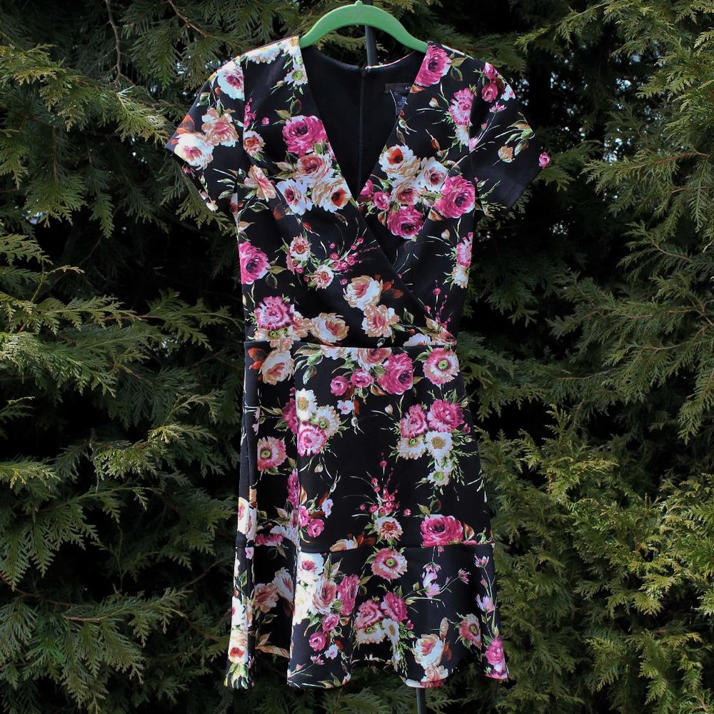 Aqua V-Neck Black Floral Fit & Flare Dress NWT